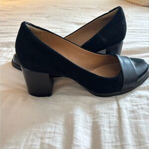 Clarks Black Suede and Leather Block Heel Pumps